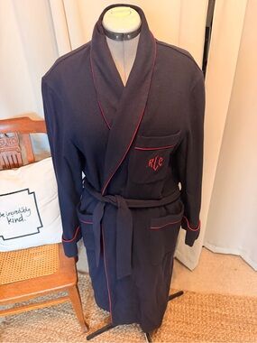 Brooks Brothers 1818 Navy Robe L Monogram RLC Red Piping Smoking Dressing Gown